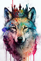 Wolf wearing crown, Psychedelic Illustration. Generative AI