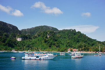 Beautiful landscape with rocks, cliffs, tropical bay. Phi Phi Island, Thailand.