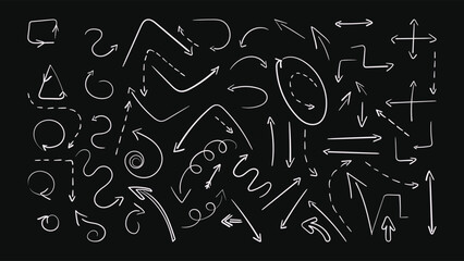 Set of doodle arrows. Hand drawn pointers of various directions. Freehand white arrows collection. Up and dawn, right and left, swirl, circle shapes. Vector illustration isolated on black background