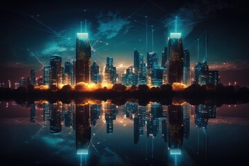 Smart city concept. Double exposure of Megapolis and glowing network grid