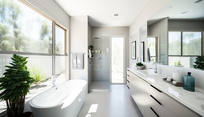 Modern and luxury bathroom interior, sunlight on the window. Ai Generative.