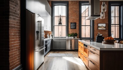 Fototapeta premium Kitchen interior, industrial design, brick walls. Ai Generative.