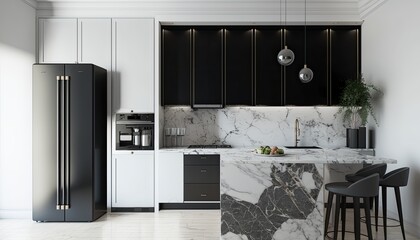 Modern kitchen, marble walls, contemporary decoration. Ai Generative.