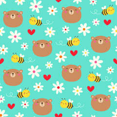 Cute teddy bear, bumble bee, flower and heart seamless pattern background.