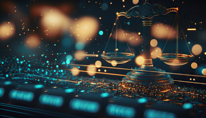 Law scales on background of data center. Digital law concept of duality of Judiciary, Jurisprudence and Justice and data in the modern world. Copy space. Based on Generative AI