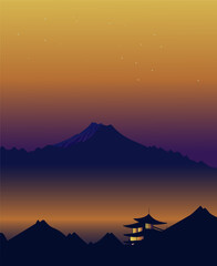 Cyberpunk night landscape pagoda against the backdrop of mountains