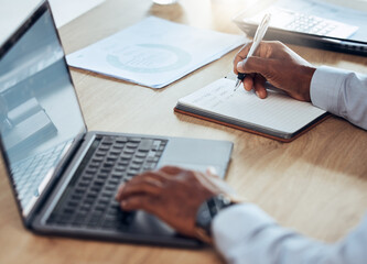 Man, laptop and hands writing notes for business schedule, office administration and reminder. Closeup worker, computer planning and notebook of ideas, information and strategy planner at table