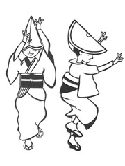 版画風の女踊りの阿波踊り、横姿と正面
