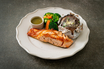 grilled salmon steak with bake potato