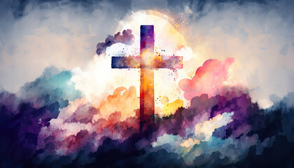 Christian easter. Conceptual religious symbol on a colorful sky at sunset. Generative AI