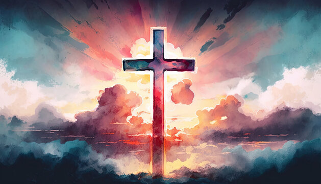 Christian easter. Conceptual religious symbol on a colorful sky at sunset. Generative AI