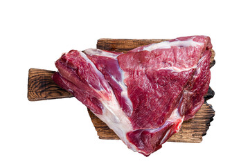 Raw lamb mutton thigh on butcher table.  Isolated, transparent background