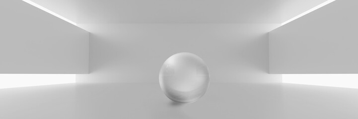 An empty room with white balls, a white floor, and exposed walls. modern futuristic technology design 3d render 2