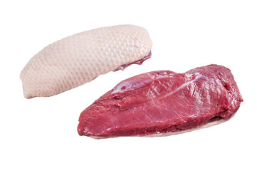 Raw uncooked Duck breast  fillet steaks on butcher table.  Isolated, transparent background