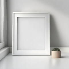 Rectangular vertical frame mockup in scandi style interior with trailing green plant and window on empty neutral white wall background. 3d illustration, generative AI