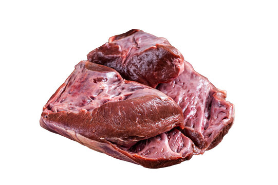 Cut Beef or veal raw heart on a butcher table.   Isolated, transparent background