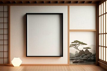 Rectangular vertical frame mockup in Japanese room style interior with plants on empty wooden floor. 3d illustration, generative AI