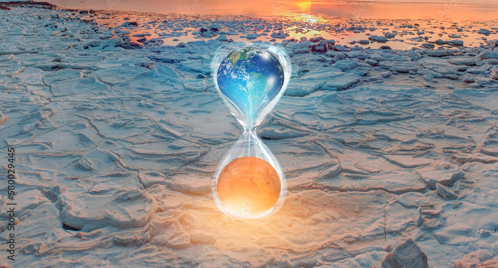 Aufkleber global warming concept-planet earth is becoming a dead planet like mars - hourglass inside planet ea