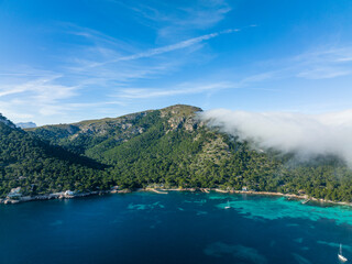 Obraz premium Aerial view of Formentor Peninsula, Hotel Royal Hideaway Formentor formerly Hotel Formentor, Cala Pi de la Posada, Illa del Geret Port de Pollenca, Mallorca, Balearic Islands Spain