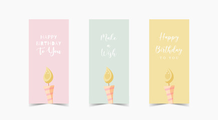 Set of happy birthday postcard with candle, make a wish, retro vintage vector illustration