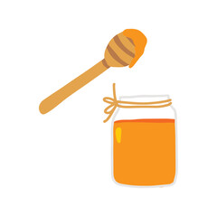 Honey vector cute hand drawn illustration with mason jar and wooden spoon. Harvest farmhouse
