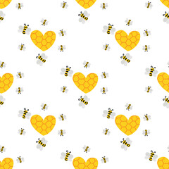 Honey bee vector pattern. Harvest farmhouse seamless background. Cute hand drawn illustration with hive 