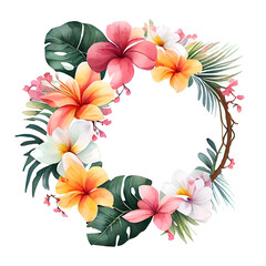 Watercolor tropical floral wreath isolated on white. Plumeria flowers round border. Generative AI