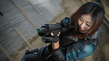 asian woman shooting a gun , generative art by A.I