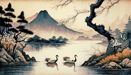 Elegance and Harmony: Exploring the Backgrounds in Japanese Painting AI Generated
 - obrazy, fototapety, plakaty