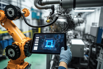 Generative AI illustration of male worker using tablet controlling robot in factory