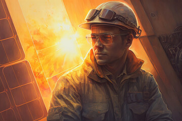 Generative AI illustration of worker wearing helmet and glasses