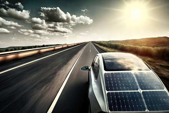 Generative AI illustration of modern car with solar panels driving on road