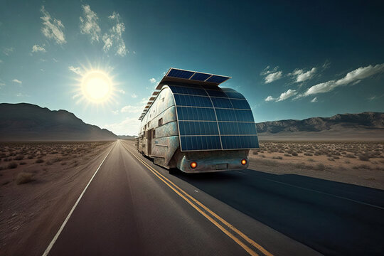 Generative AI illustration of truck with solar panels driving on asphalt road