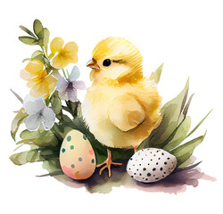 Easter chick and eggs with flowers watercolor Illustration isolated on white. Generative AI