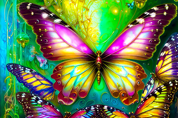 Butterfly and butterfly wings on colorful background. Digital painting.