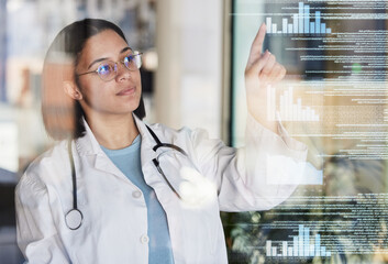 Woman doctor, data overlay and healthcare worker pointing to hospital stats and analytics. Clinic,...