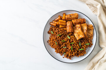 Jajangmyeon or JJajangmyeon with Odeng and Omuk - Korean Instant noodles with Korean fish cake in black bean sauce