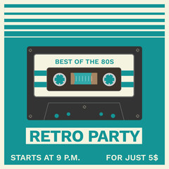 retro party poster with audio cassette 90s 80s poster 