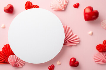 Mother's Day concept. Top view photo of white circle pink and red origami paper hearts on isolated pastel pink background with empty space