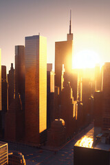 Modern city skyline during morning golden hour.