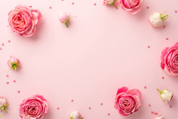 Women's Day celebration concept. Top view photo of spring flowers pink peony roses and sprinkles on...