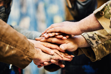 Motivation, paintball team or hands in huddle on a mission, friends or soldier training on war...