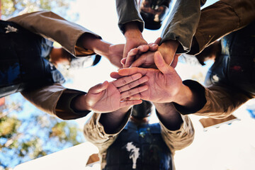 Goals, paintball team or hands in huddle for strategy, hope or soldier training on war battlefield. Mission, low angle or army people planning with support in partnership or military group solidarity - obrazy, fototapety, plakaty