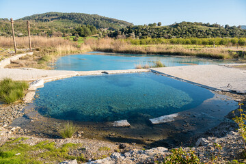 Pool of Kapukargin natural sulfur thermal bath near Dalaman town in Mugla, Turkey. - obrazy, fototapety, plakaty