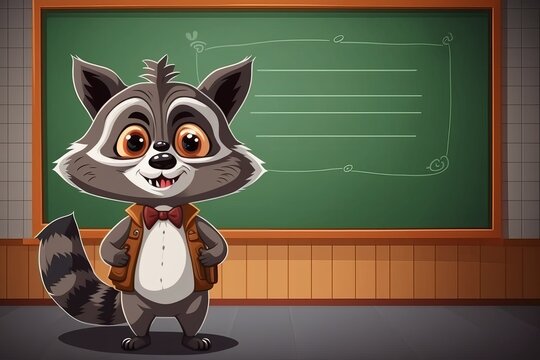 A raccoon stands in a classroom with a blackboard.