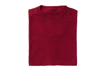 Blank folded dark red t-shirt template on PNG, transparent background