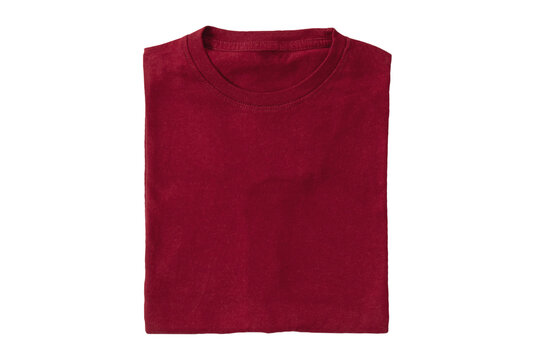 Blank folded dark red t-shirt template on PNG, transparent background