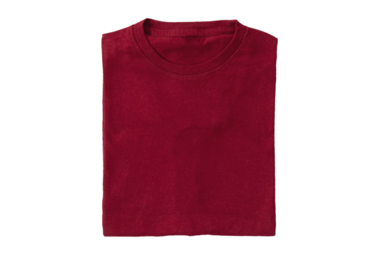 Blank folded dark red t-shirt template on PNG, transparent background