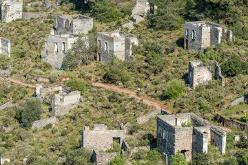 Ruined houses of Kayakoy (Levissi) abandoned village near Fethiye in Mugla province of Turkey.
