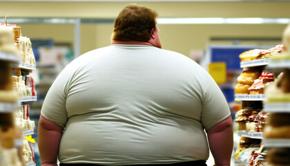 Gesellschaftsproblem - Übergewichtiger Mann im Supermarkt, Generative AI - obrazy, fototapety, plakaty